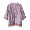 Summer literary and retro embroidered cotton and linen top seven-quarter sleeve ethnic style splicing shirt women's temperament