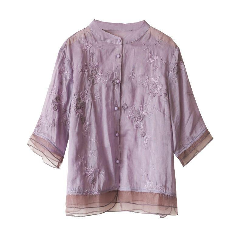 Summer literary and retro embroidered cotton and linen top seven-quarter sleeve ethnic style splicing shirt women's temperament