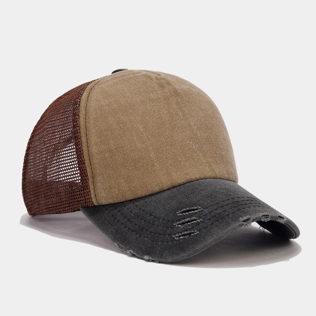 New Unisex Color Block Broken Style Baseball Hats Distress Breathable Mesh Sunshade Retro Trucker Caps Versatile Simple Fashion