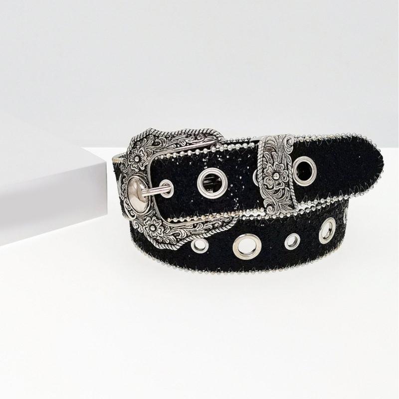 Large Eyelet Sequined Belt for Jeans Bead Trim PU Leather Belt Subculture Pants Belt Elegant Girl Clothing Waist Decors