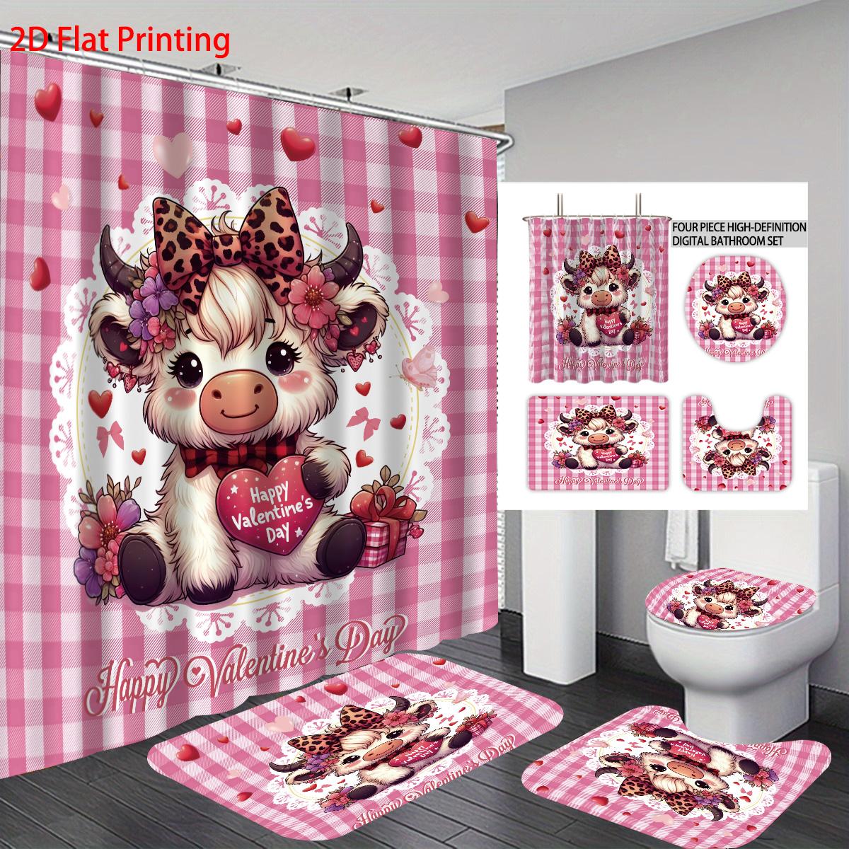 

4pcs Valentine s Day plaid highland cow print bathroom set 180x180 waterproof shower curtain floor mat toilet pad U-shaped pad