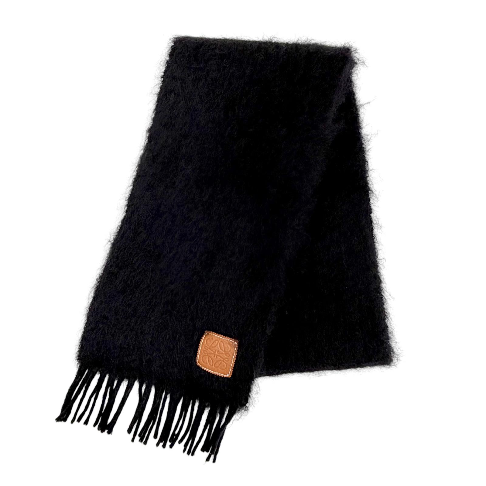 Very Good LOEWE Scarf Anagram Leather Patch Fringe Long black mohair Women Used