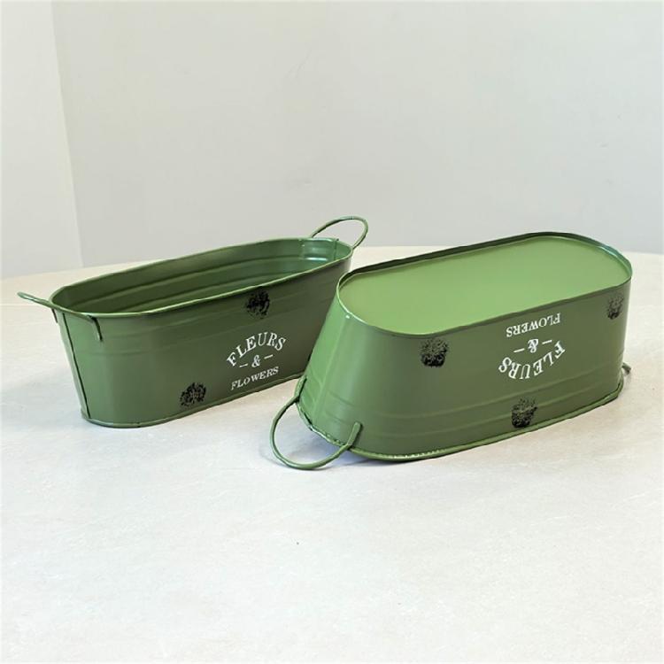 Modern Oval Iron Plant Pot Container With Reinforced Handle Rustproof Suitable For Indoor Outdoor Greeneries Arrangement