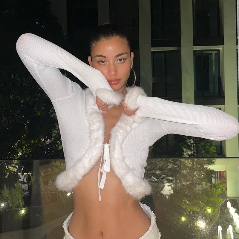 

Женский укороченный кардиган с V-образным вырезом и меховой отделкой, осенний модный сексуальный однотонный тонкий топ, повседневное короткое пальто с длинным рукавом M