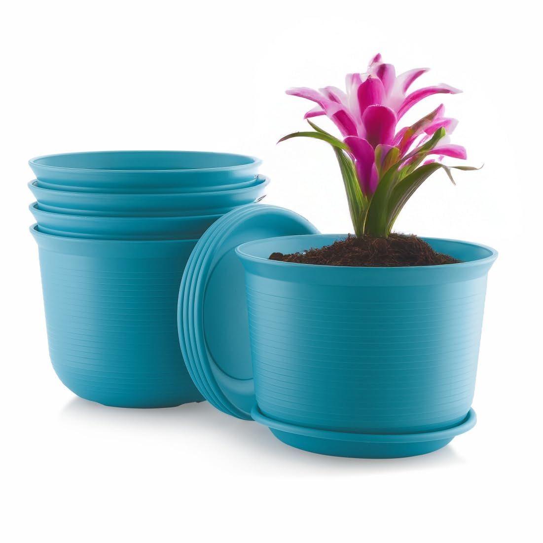 

10-дюймовые пластиковые круглые цветочные горшки с поддоном для домашних растений, для террасы, сада и т. д. | Упаковка из 05 штук | Павлиний | для домашних растений для садоводства в помещении и на открытом воздухе