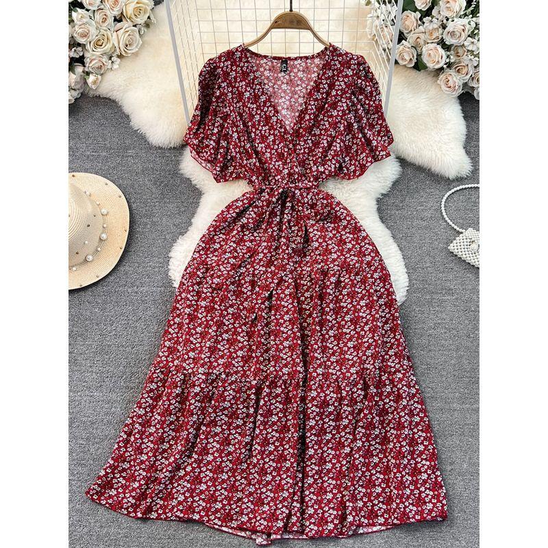 Chic South Korea Bubble V Neck A- line Dress Short Sleeve