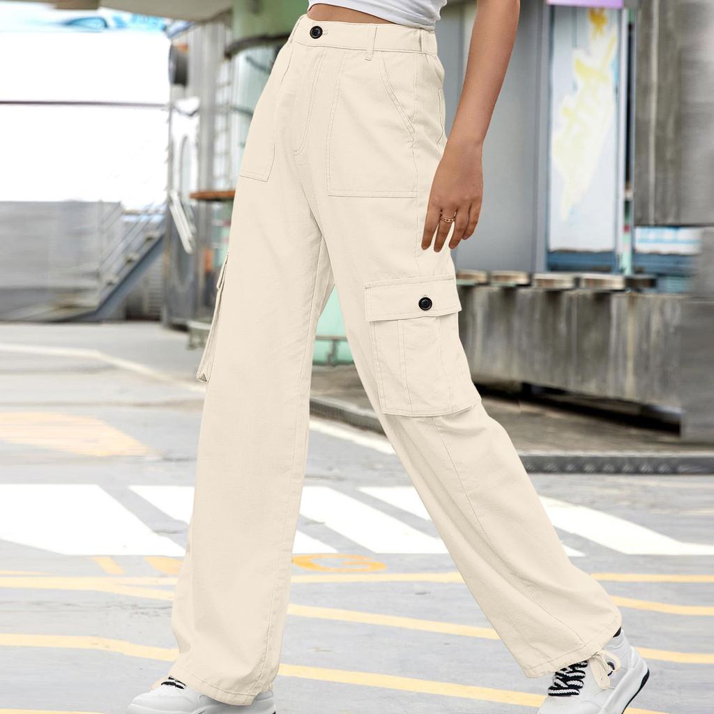 Women's Casual Street Style Multi-pocket Straight High Waist Slim Wide Leg Work Trousers