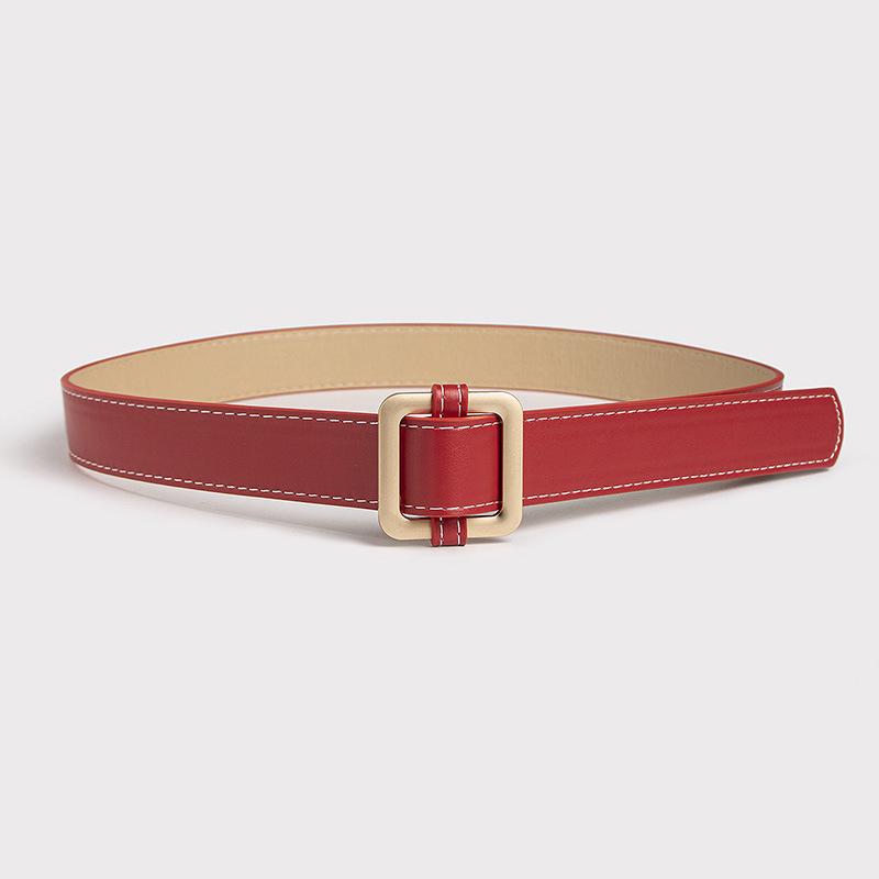 Women'S Rose Gold Square Buckle Day Buckle Black Belt Basic Thick Line Textured Women'S Belt