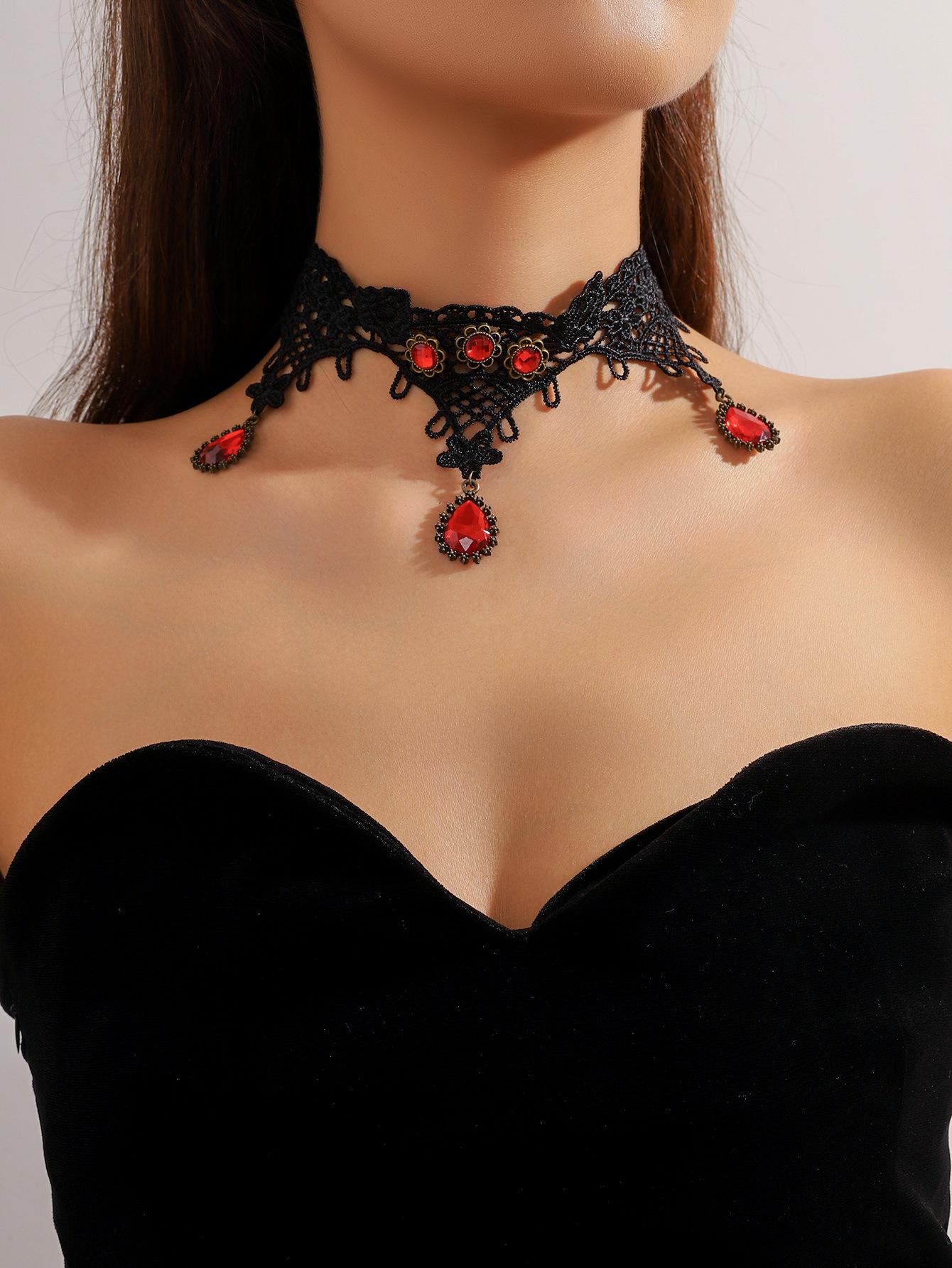 

Винтажное черное кружевное ожерелье с розой, браслет, кольцо, набор для женского ужина, темный ветреный браслет-цепочка на шею