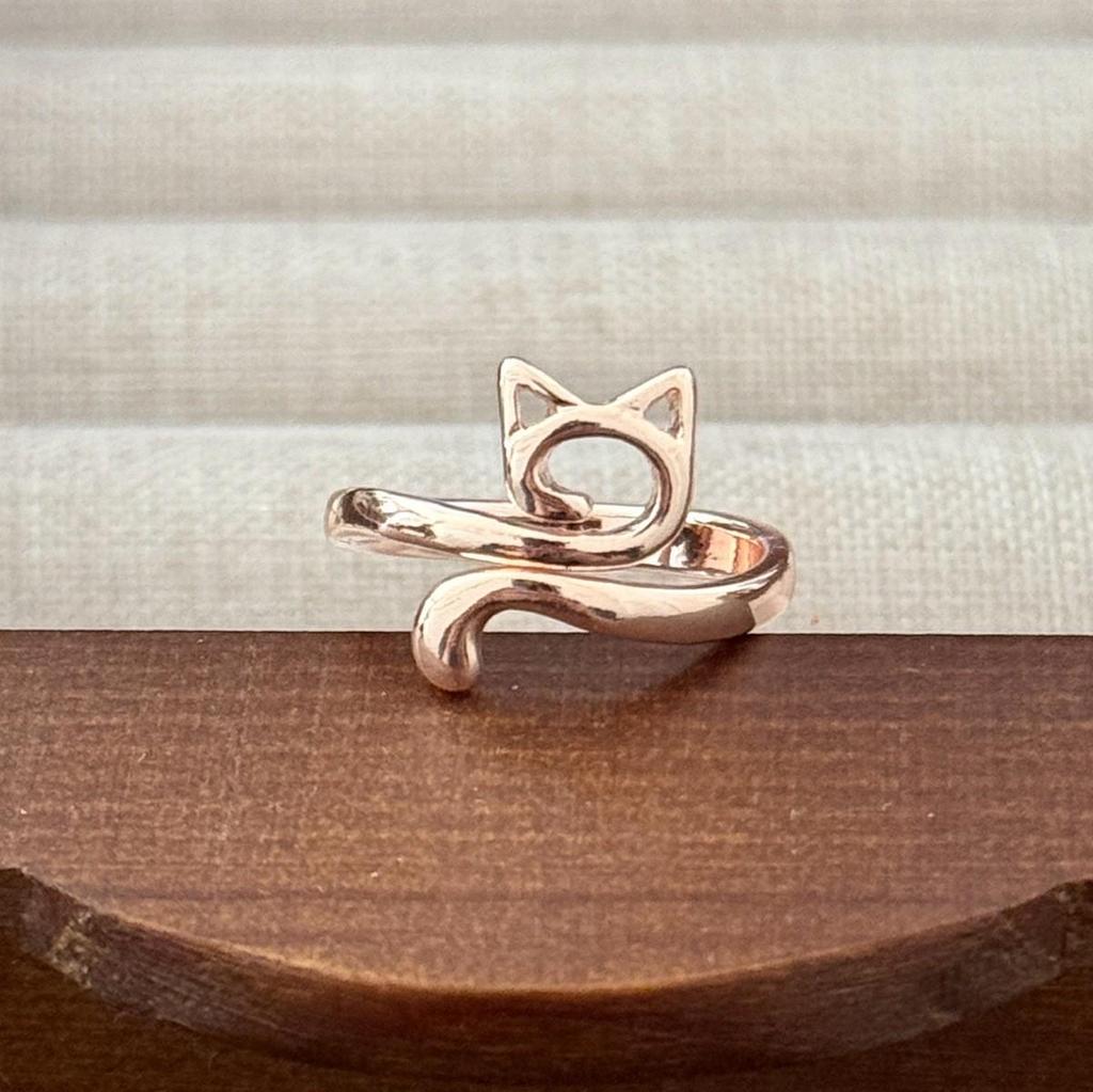 Anello Gatto Geometrico Europeo & Americano, Design Aperto Regolabile, Ornamento Animale Lavorato a Maglia per Dita.