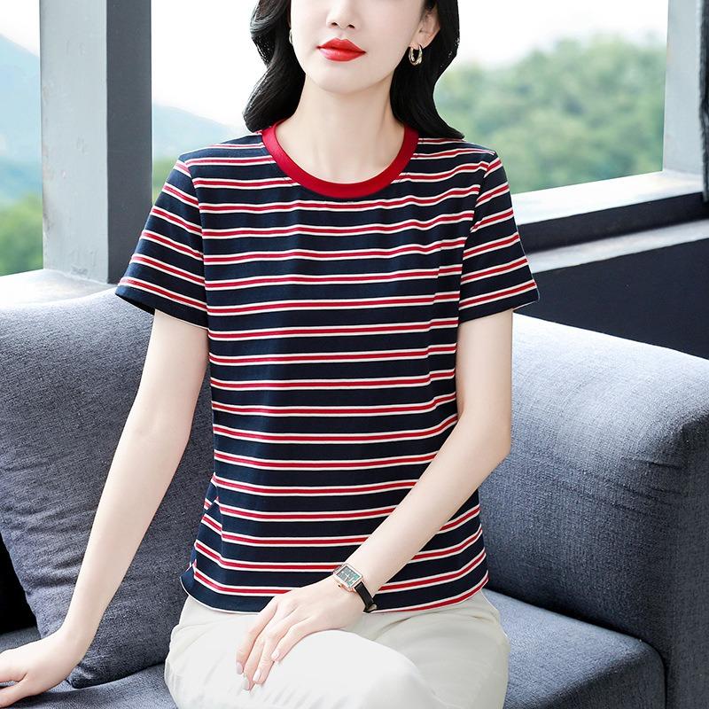 Striped Short-sleeved T-shirt Women's Round Neck Half-sleeved Shirt Summer Plus Size Loose Top