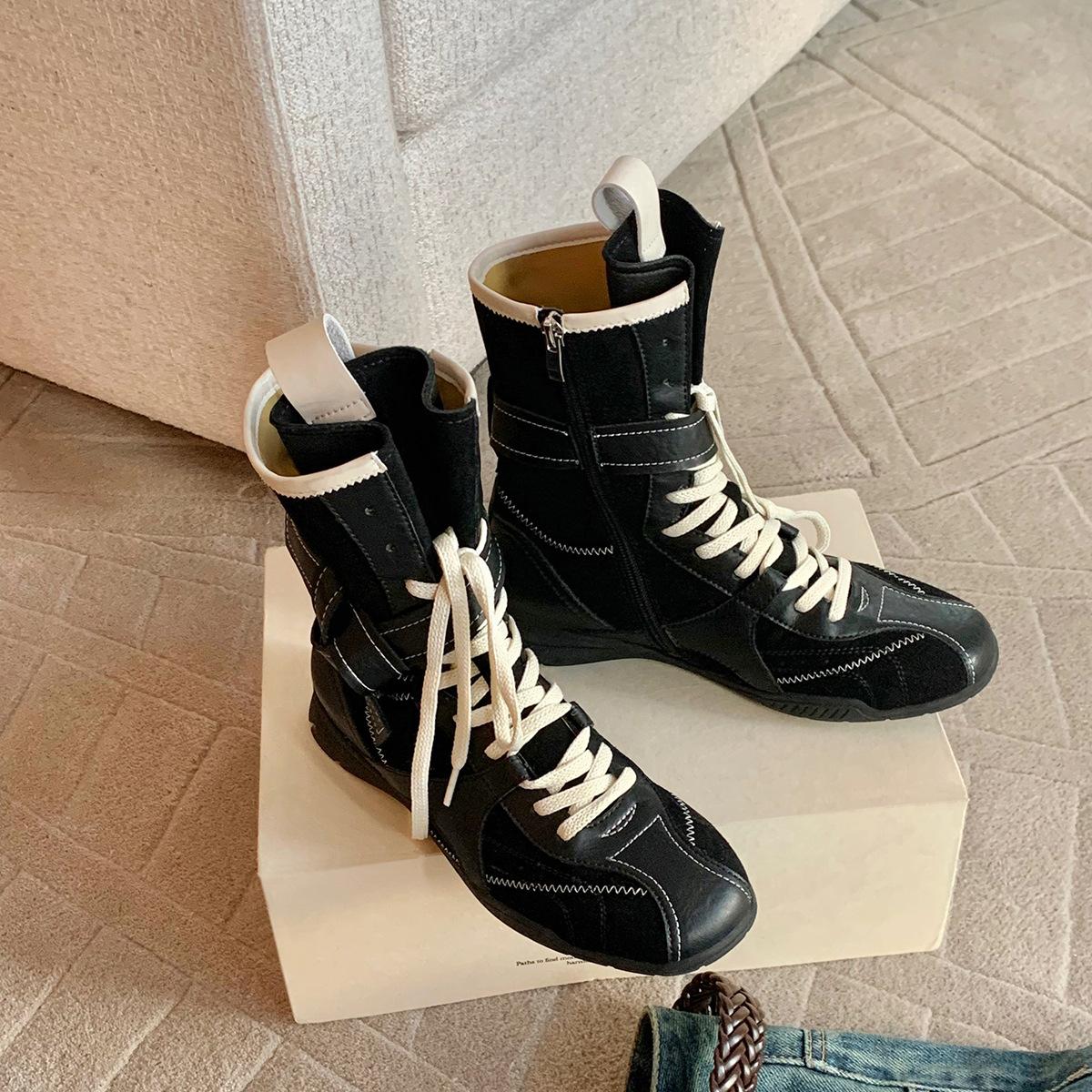 

2025 Осень Винтажные Универсальные Боксерки из Матовой Кожи Женские На Шнуровке Боковая Молния Для Улицы Альпинистские Ботинки Дексун Мартин 42 чёрный