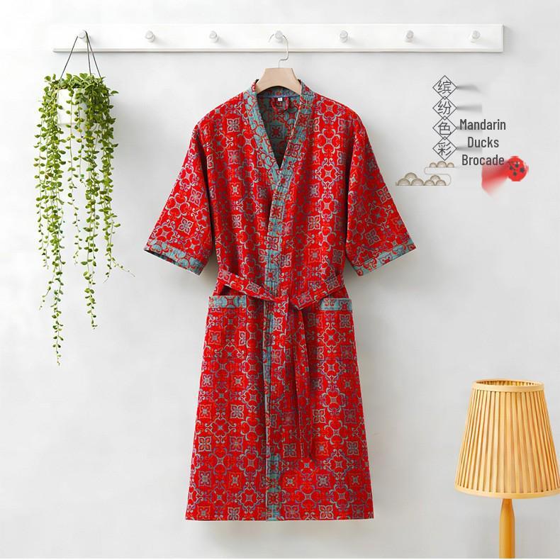 Pure Cotton Double Gauze Chinese Style Couple Bathrobe - Spring/Summer, Thin, Absorbent, Quick-Drying Pajamas/Homewear