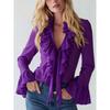 Spring and Autumn New Elegant Women's Ruffled Solid Color V-neck Puff Sleeve Blouse