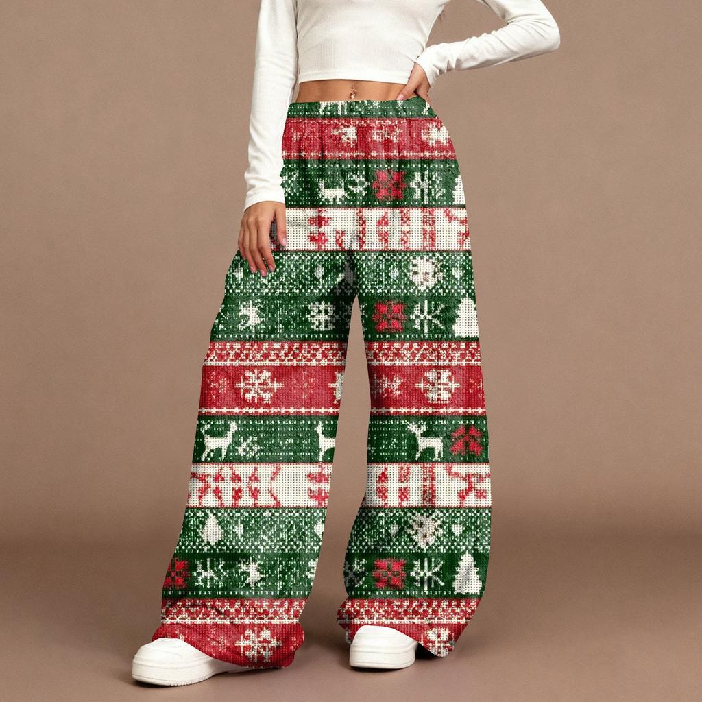 Women's Casual Fashion Christmas Print Elastic Waist Loose Plush Wide Leg Pants
