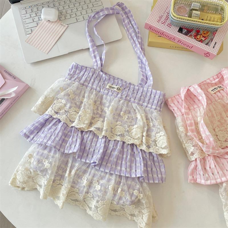 

New popular plaid color matching lace single shoulder underarm bag large capacity tote bag portable cloth bag