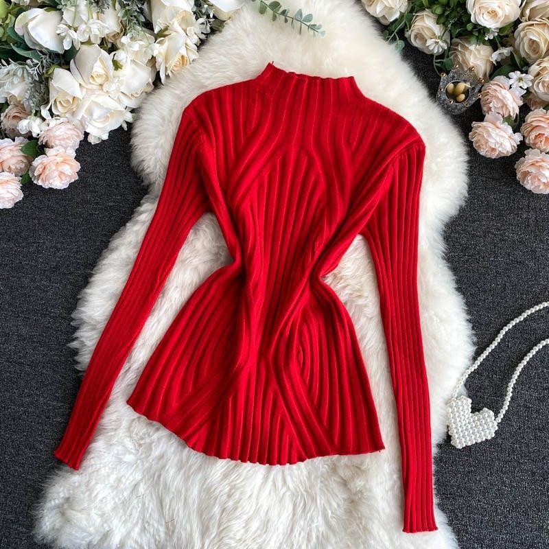 Knitted Sweater Women Pullover Half Turtleneck Jumper Sweater Autumn Winter Solid Slim Chic Streetwear Long Sleeve Y2K