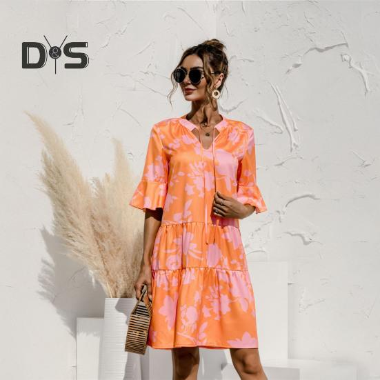 Women's Summer Mini Dress Puff Short Sleeve V Neck Pleated Dress Boho Printed A-Line Short Dress Beach Vacation Tiered Flowy Sundress