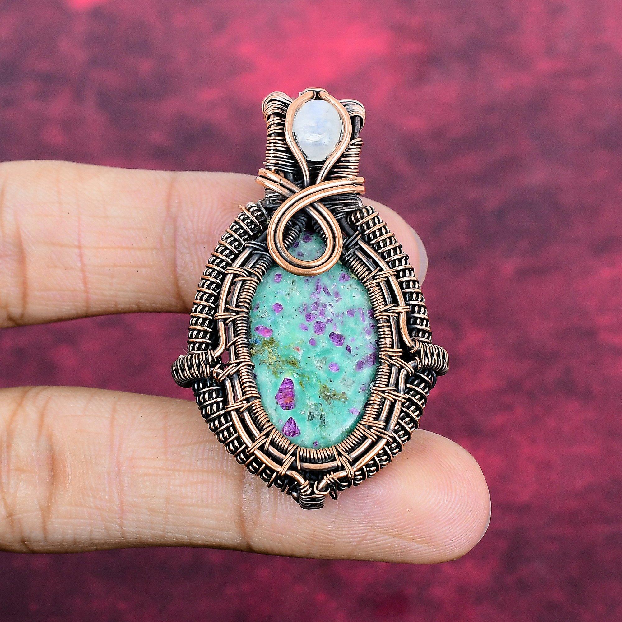 Ruby Fuchsite And Rainbow Moonstone Pendant Copper Wire Wrapped Gemstone Jewelry
