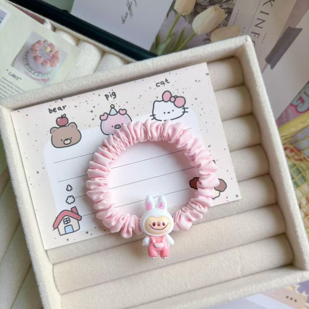 5 Pics Cute Labubu Off-white Intestine Ring Hair Tie - Elastic Fabric Cartoon Style for Kids & Women