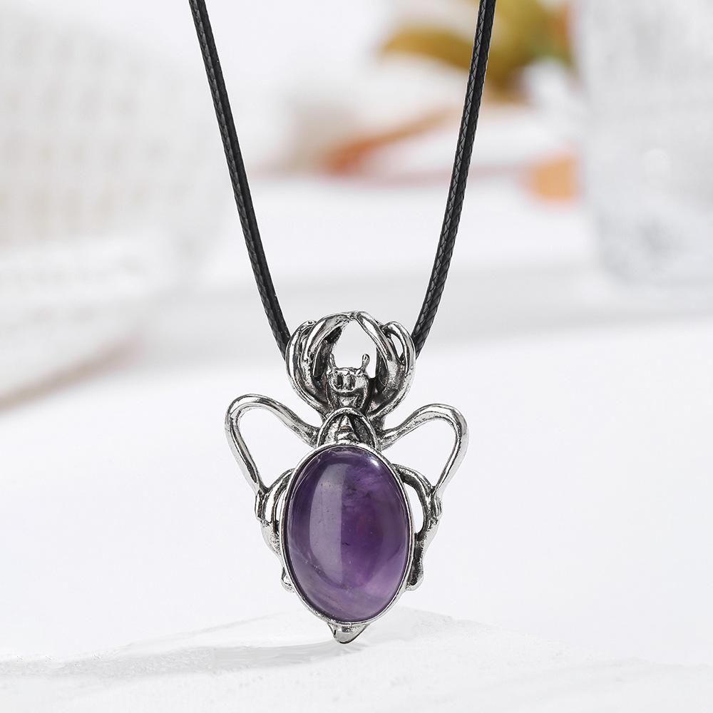 Spider-Shaped Bohemian Amethyst Pendant Necklace with Natural Crystal and Alloy Inlay