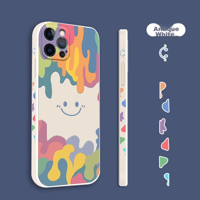 Liquid Silicone Case for IPhone 12/12 Pro, Protective Cover with Painted Creative Design, Shockproof Soft Smiley Face], 6.1 Inch White