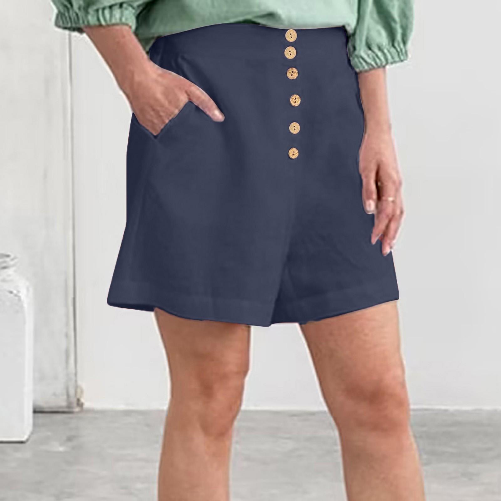 

Женские летние свободные льняные повседневные шорты с карманами, однотонные хлопковые брюки на пуговицах большого размера, широкие брюки XXXXXL темно-синий