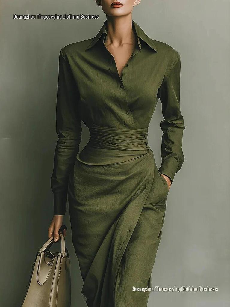 2026 Herbst Winter Asymmetrisches Langarm Schlankes Hemdblusenkleid