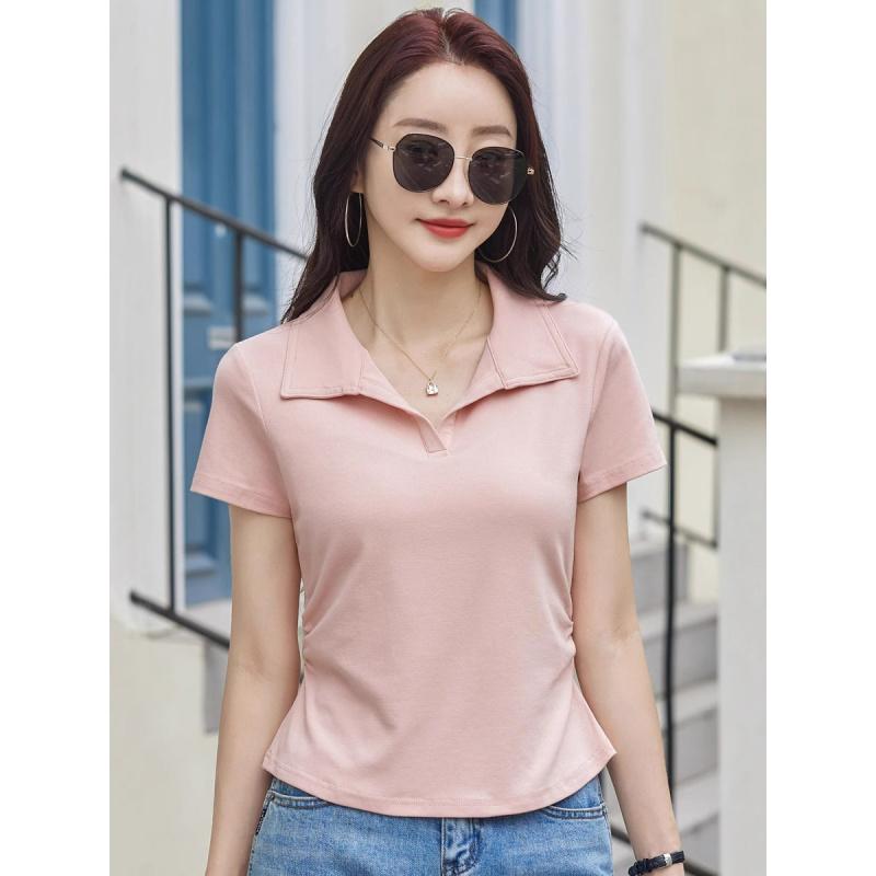 Turn-down Collar Short Sleeve T-shirt White Polo Shirt Women's Summer New Style Elegant Top Solid Color Casual T-shirt