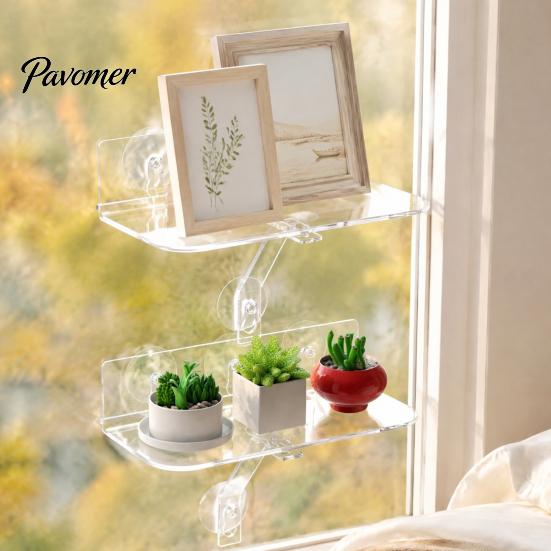 Kitchen Window Herb Stand Sill Plant Shelf with Strong Suction Cups, Clear Acrylic Wall Small Item Display Rack Mounted Floating Ledge, for