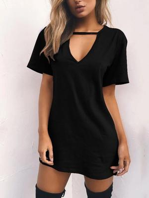 Rochie Sexy Elegantă Petrecere Club Rochie Mini cu Mânecă Scurtă Culoare Solidă Femei Rochie Largă Decupată cu Decolteu Adânc în V