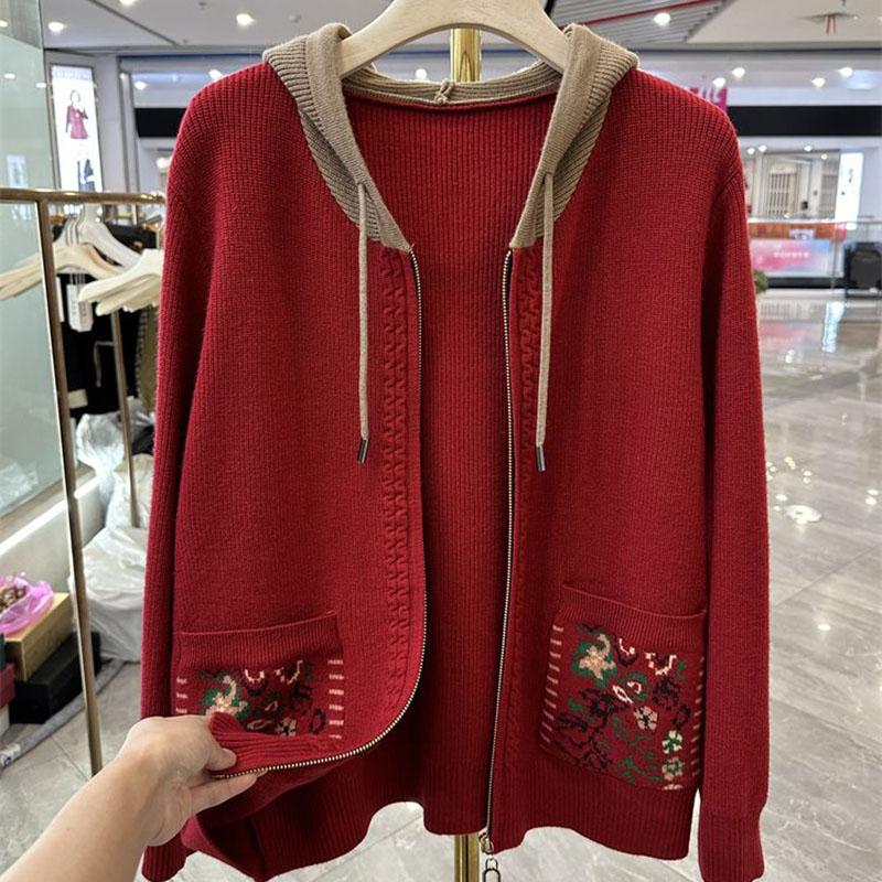 Sweaters Coat Cardigan for Women Autumn Winter Large Size Loose Long Sleeve Knit Cardigan Hooded Middle-Aged Sweaters Jacket