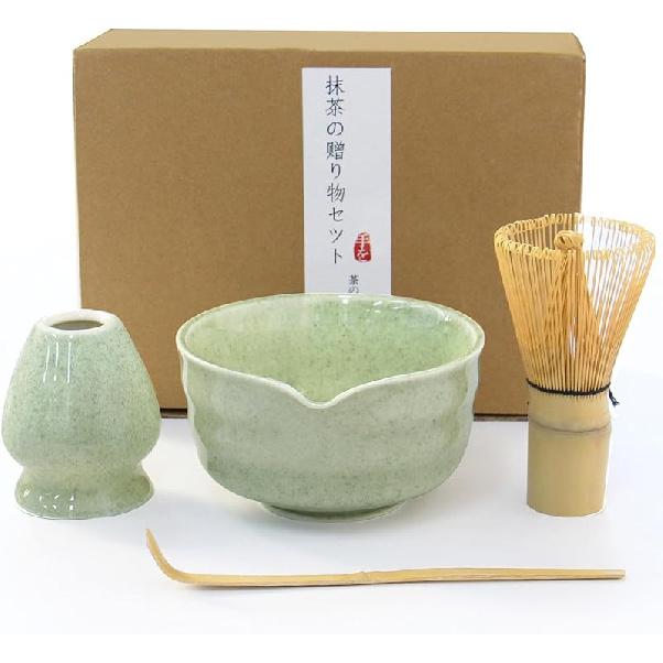 Matcha Whisk Set, Japanese Tea Set includes Matcha Bowl with Spout, Matcha Whisk and Holder, Bamboo Scoop - 4 Pcs Ceremonial Grade Matcha kit for Tea Jade Green-4pcs