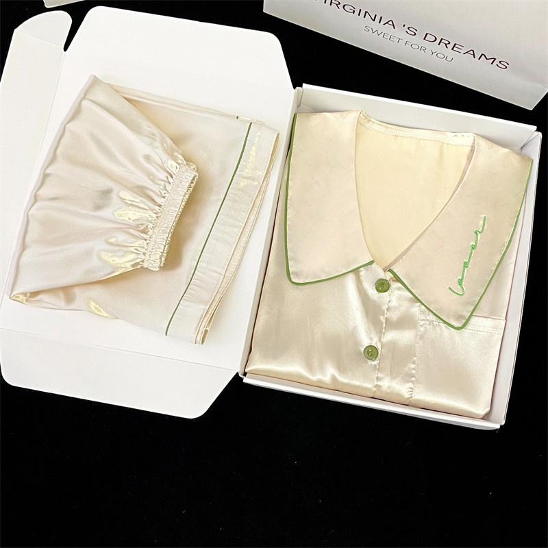 Fresh Classy Solid Embroidery Women's Pajama Set Korean Simple Style Summer Short Housewear  Fashion Casual Home Clothes