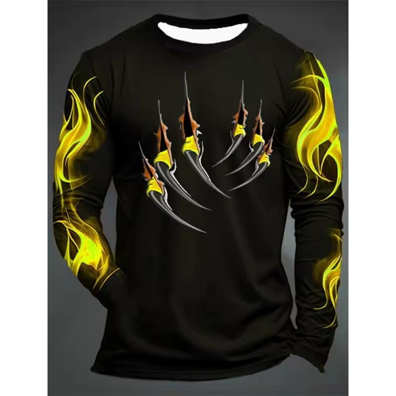 3D Printed Flame Scratch Pattern Autumn Men's Crew Neck T-Shirt Casual Long Sleeve Oversized Pullover Fashion Tops
