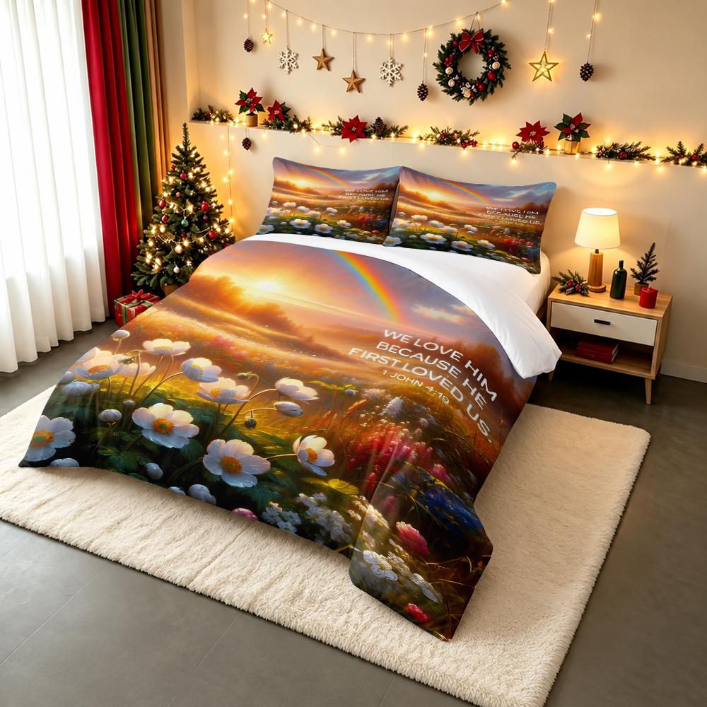 Sunset Flower Meadow Rainbow Bedding set (1 duvet cover, 2 pillowcases, duvet not included), 1 John 4:19 Bible Verse Art Print