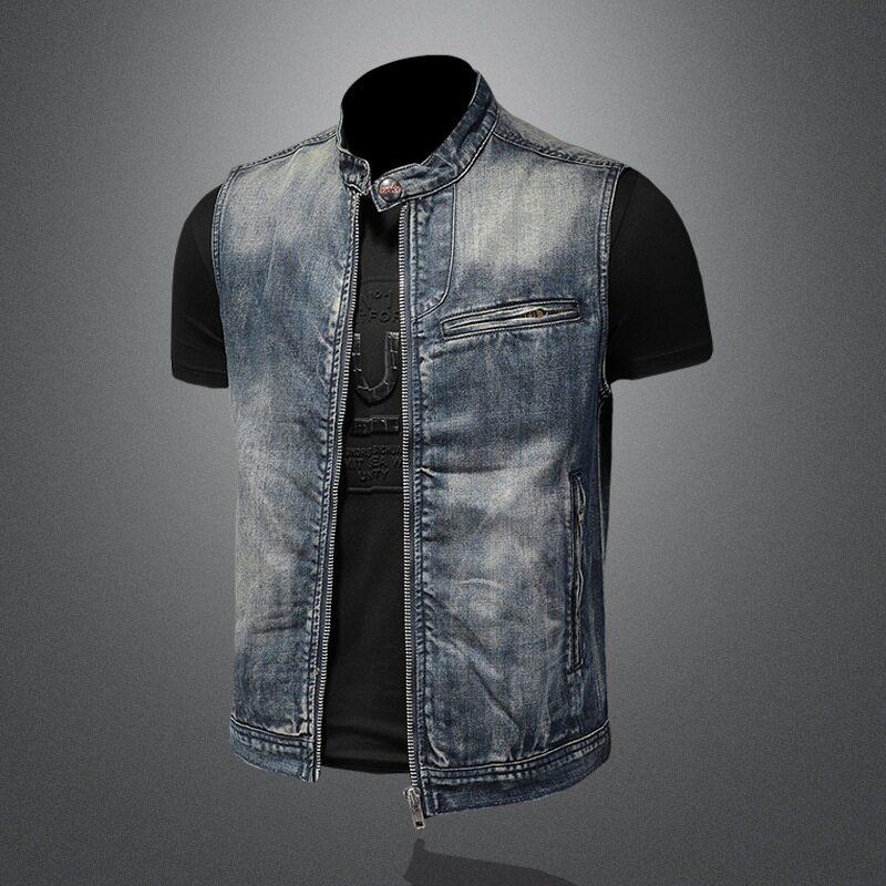 2026+Persönlichkeits-Stehkragen-Denimweste+Einfache Retro-Mode-Denimweste Manschette Für Männer 3XL blau