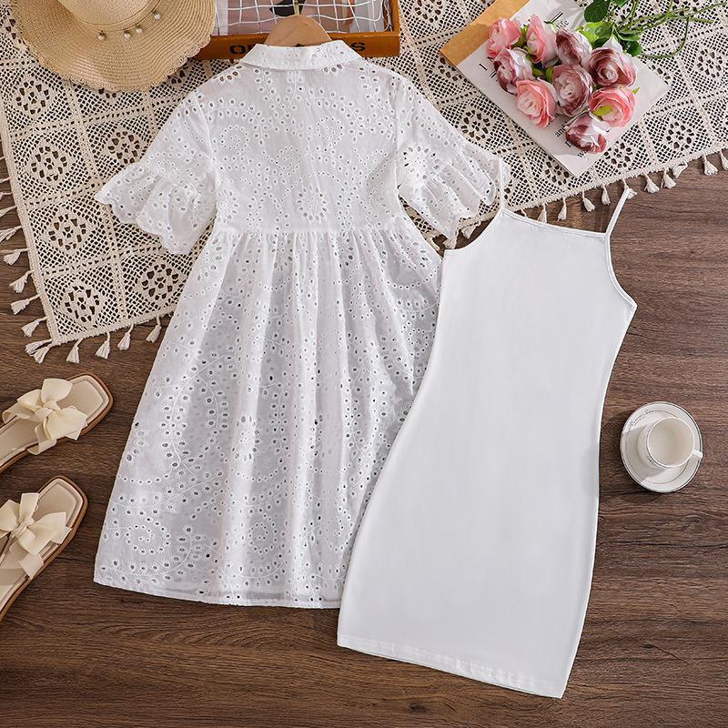 Girls' Fashionable Dress - Summer Children's Elegant Embroidered Lace Open-front Short-sleeved Shirt Dress