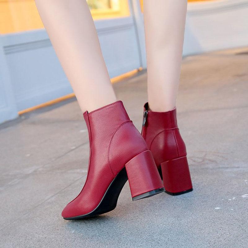 Fashion Women's Ankle Boots Autumn 2024 Fashion New Square Toe Red High Heel Shoes Casual Woman Black Side Zipper Short Boot Botas Mujer