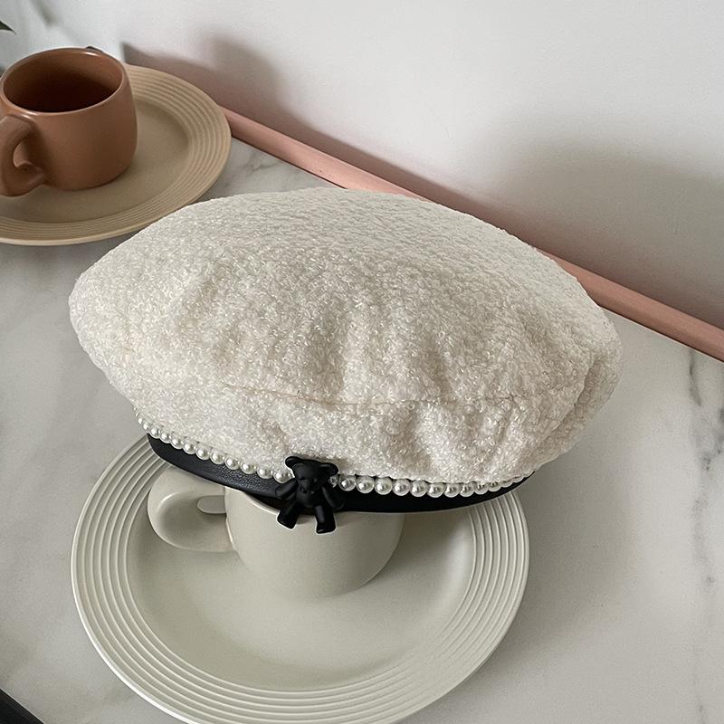 

Японский дизайнер Милый маленький медвежонок Жемчужная беретка для женщин Осень и Зима Темпераментная теплая плюшевая шляпа художника M（56-58cm）