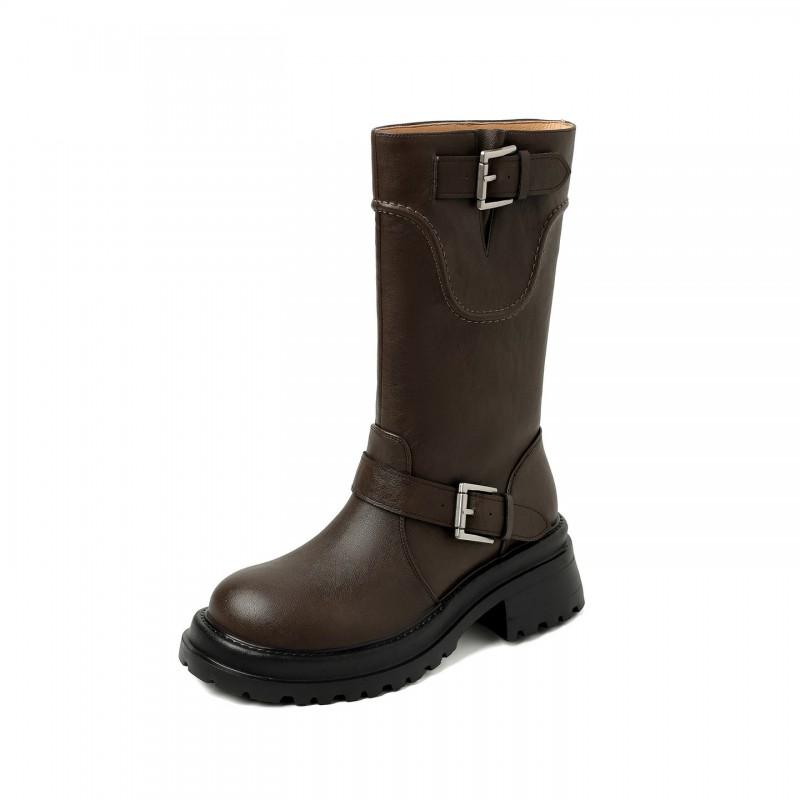 5.5CM Platform Combat Boots Women British Style Round Toe Chunky Heel Mid-Calf With Buckle Fall Winter