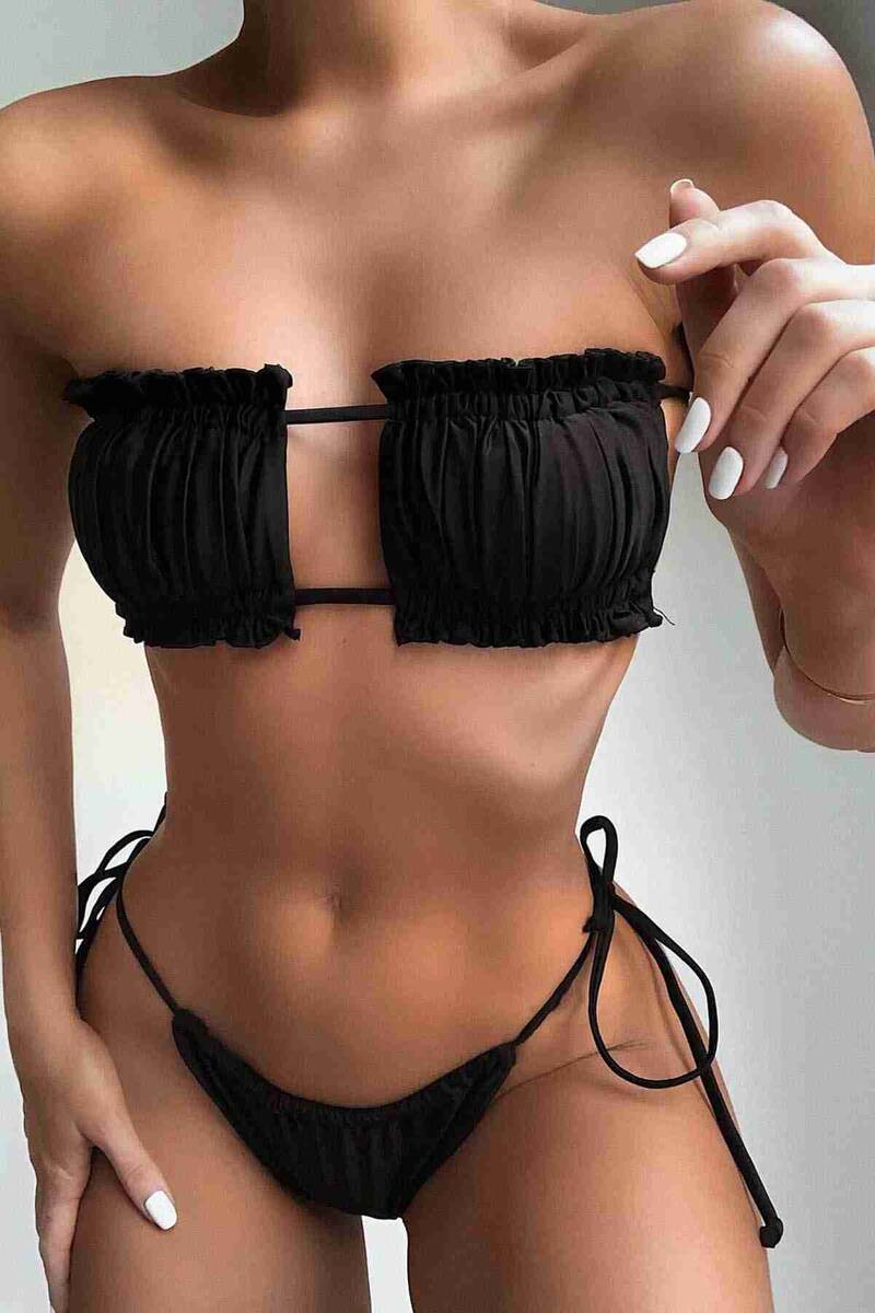 

Angelsin Brazilian Model Pleated Tie Bikini Top Black