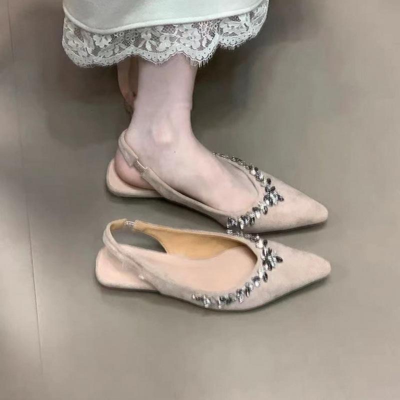 2025 rhinestone flower high heels satin thin heel pointed head bag head French single shoes women's rear empty word belt half drag sandals