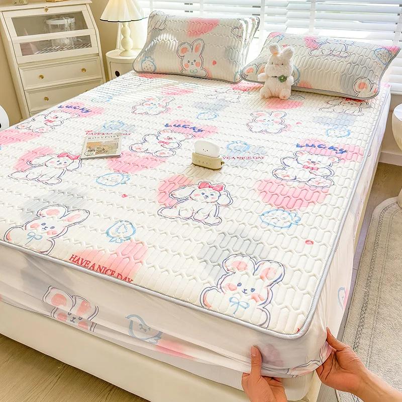 3Pc Summer Natural Latex Cooling Mat Set Cartoon Printed Fitted Sheet With Pillowcase Soft Non Slip Bedding With Elastic Band
