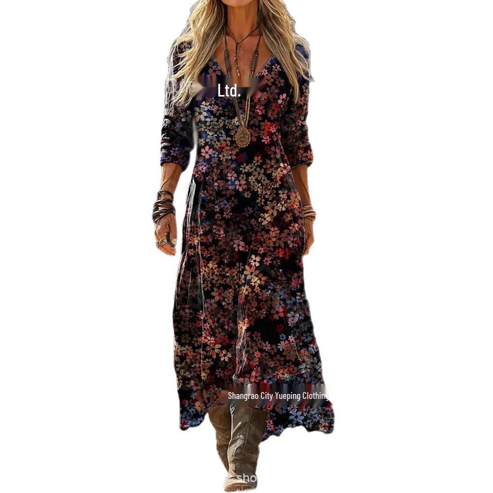European-American Retro Floral Print Long Sleeve Dress