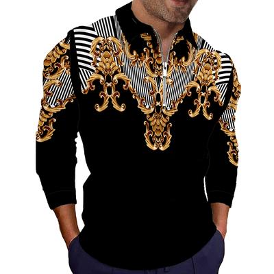 Brand Men Polo Shirt Long Sleeve Shirt 2022 Spring Autumn Golden Pattern Print Casual Fashion Polo Shirt Men