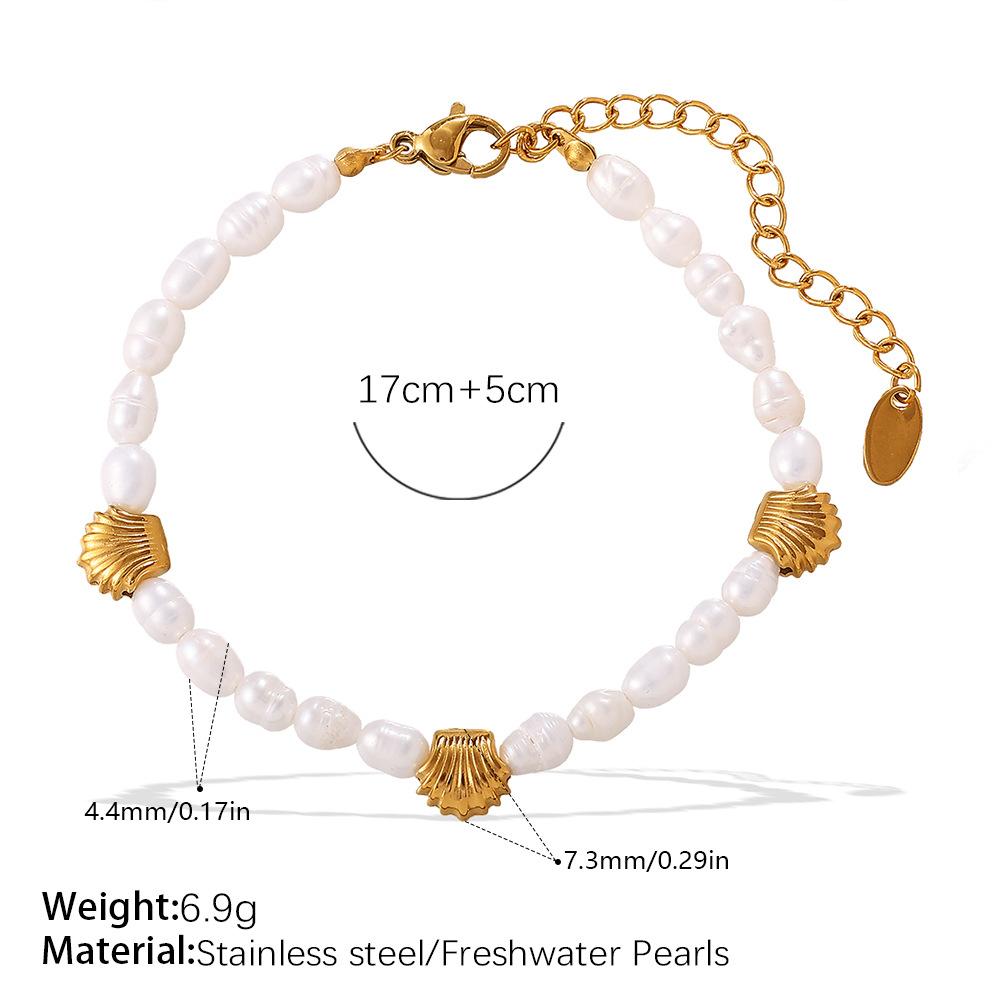 French Seaside Beach Wind Shell Gold Bean Natural Freshwater Pearl Bracelet Necklace Stainless Steel Gold-plated Set