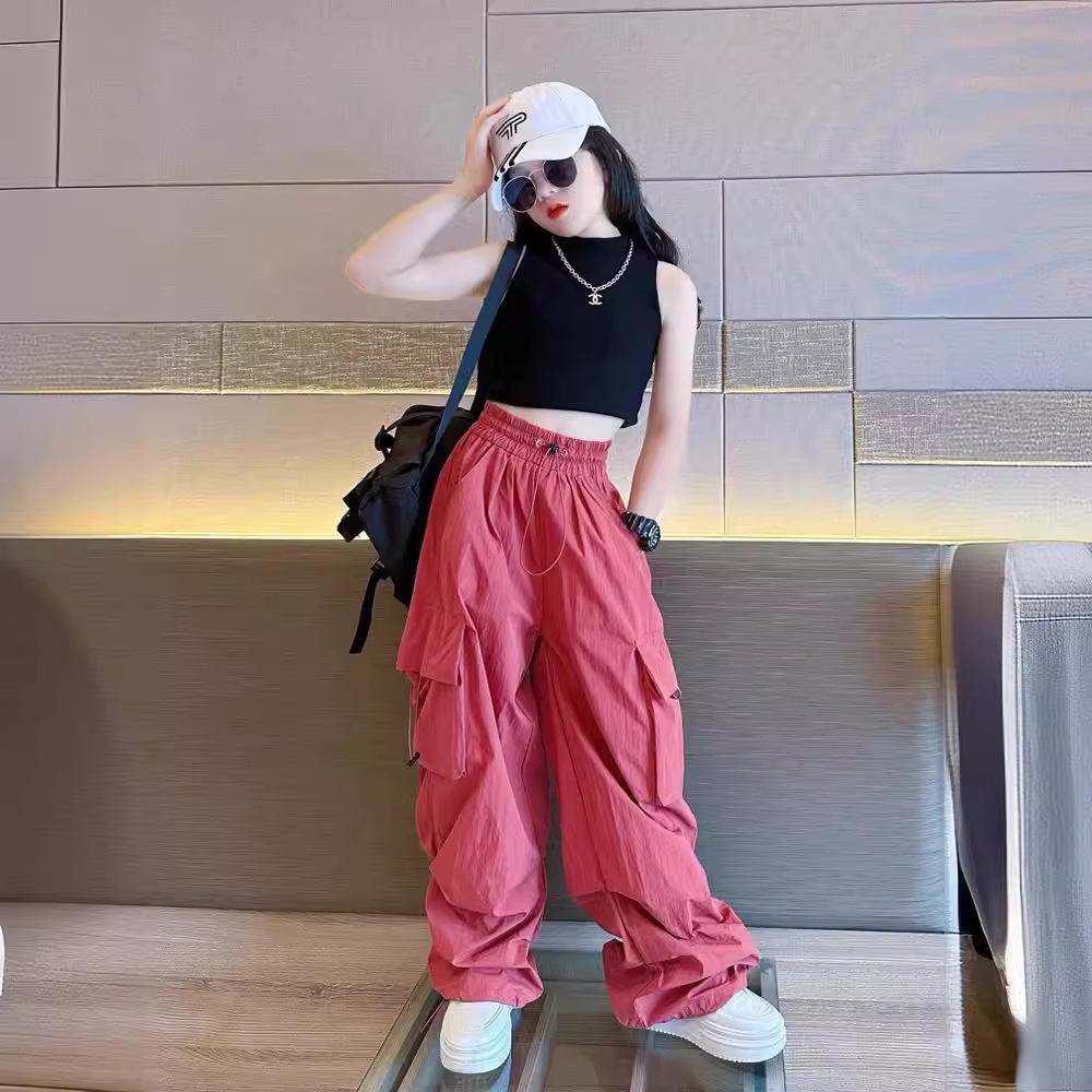 Girls' 2024 Spring/Summer Wide-Leg Overalls for Tweens - Loose Street Style Casual Pants