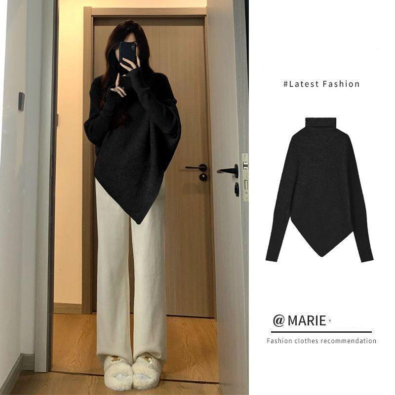 Autumn Winter High Collar Casual Fashion Irregular Sweater Women Solid All-match Bottomed Knitting Pullover Top