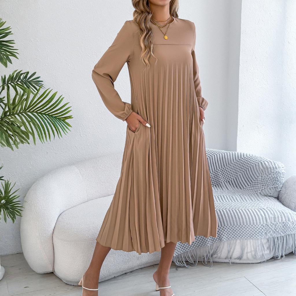 Women's Casual Color Long,sleeved Pleated Dress With Pockets